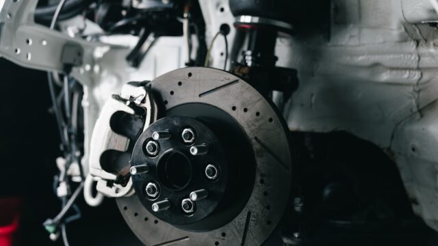 Close-up of a car's performance brake system.