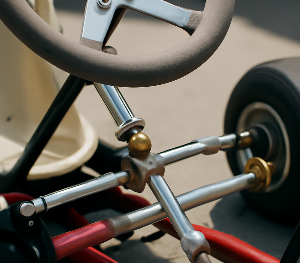 A clean, realistic editorial photograph of go kart steering linkage, natural light, no text or logos.