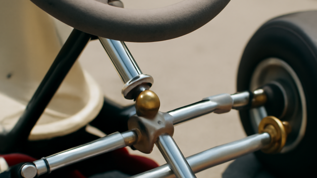 A clean, realistic editorial photograph of go kart steering linkage, natural light, no text or logos.
