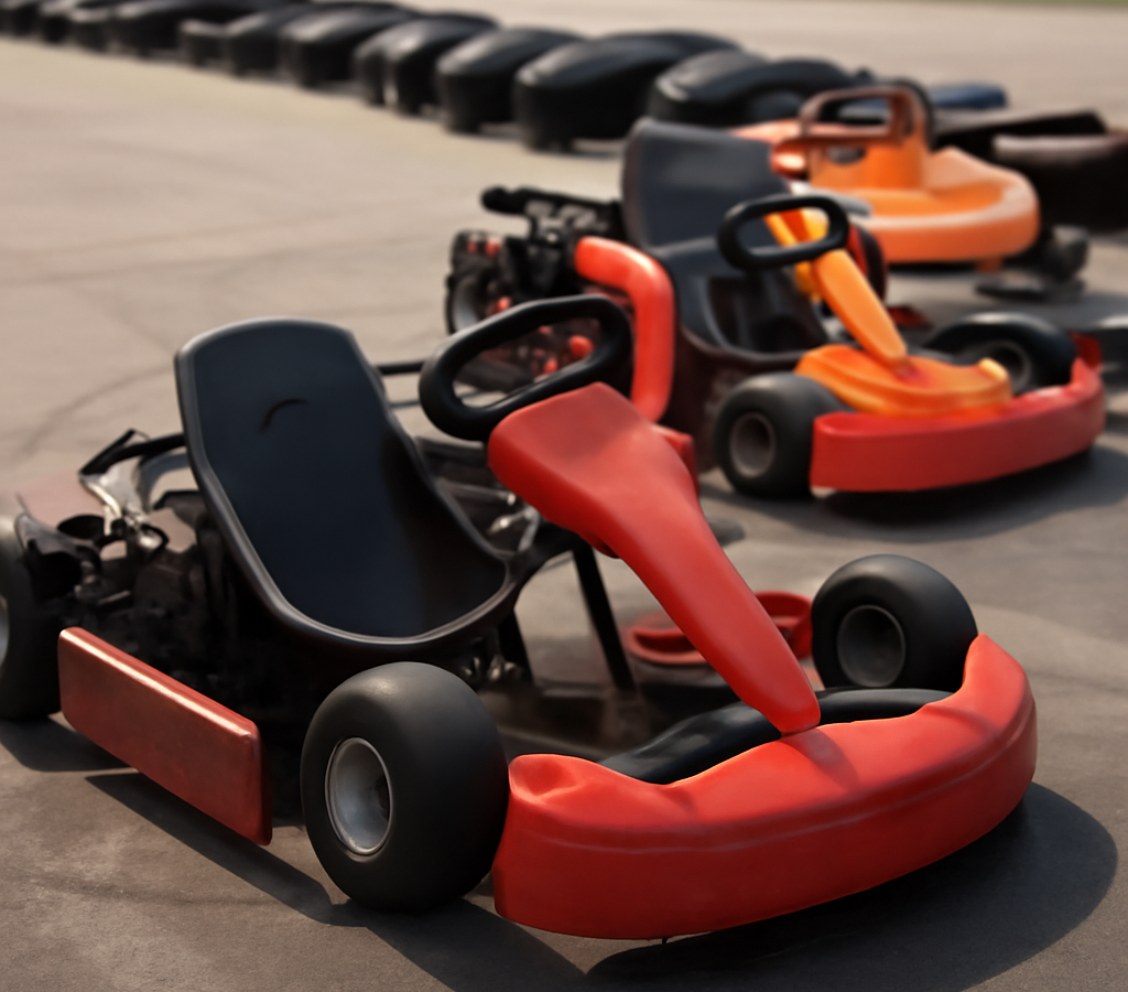 A clean, realistic editorial photograph of go karts for kids, natural light, no text or logos.