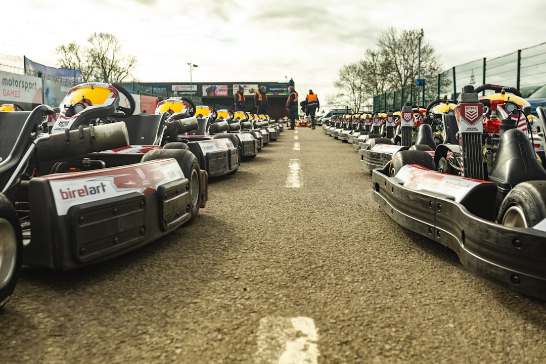 Two rows of go-karts lined up on an asphalt track.