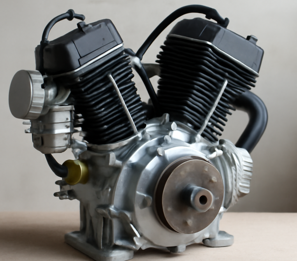 A clean, realistic editorial photograph of v twin go kart engine, natural light, no text or logos.