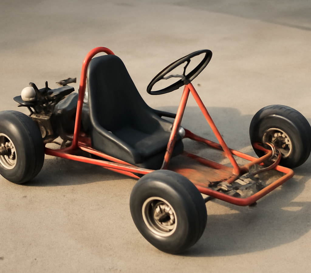 A clean, realistic editorial photograph of vintage go kart, natural light, no text or logos.