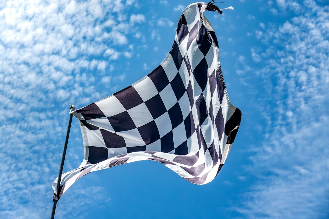 A black and white checkered flag flying in the sky — Go-Kart Racing Flags