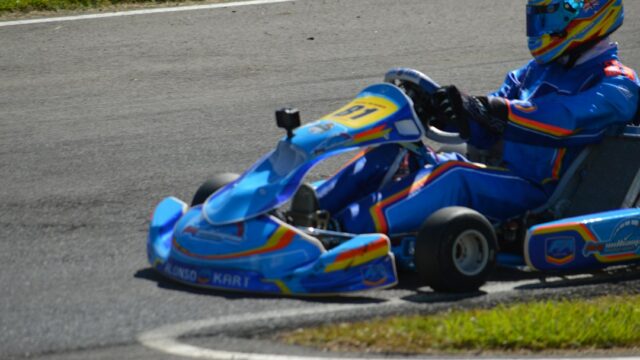 A blue go-kart with a driver on a race track — Go Kart Hand Controls