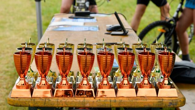 A row of shiny copper trophies on a wooden table — Trophy Kart Racing